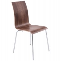 Chaise de couleur noix, simple et polyvalente avec assise en bois et pieds en métal solide