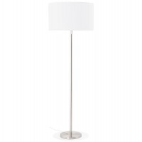 Designer white floor lamp with fabric shade and brushed metal foot