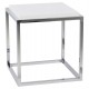 Table basse ou d'appoint blanche de forme cubique avec plateau en bois et pieds en métal chromé