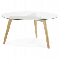 Table basse ronde au design scandinave avec pieds en chêne et plateau en verre trempé LILY