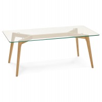 Table basse rectangulaire au design scandinave avec pieds en chêne et plateau en verre trempé