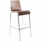 Walnut color stool, solid and stackable, with wooden seat and chromed metal structure