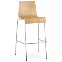 Natural color stool, solid and stackable, with wooden seat and chromed metal structure COBE