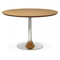 Table ronde design avec plateau en bois au naturel et pied en métal chromé