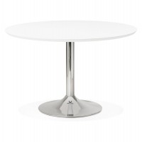 Table ronde design avec plateau en bois blanc et pied en métal chromé