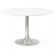 Design round table with white wooden top and chromed metal foot