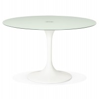 White round table with glass top and white dyed foot DAKOTA