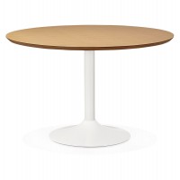 Round table with raw wood top and chromed metal foot