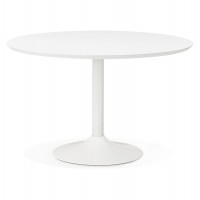 Round table with white wood top and chromed metal foot