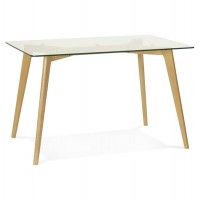 Table rectangulaire, style scandinave, avec plateau en verre trempé et pieds en chêne massif