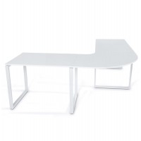 White corner desk with rounded design and white lacquered wooden top and painted metal structure