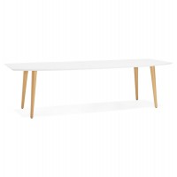 Table blanche extensible au design scandinave, avec pieds en bois brut