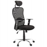 Black office armchair stretchy and comfortable with rounded ergonomic shapes and chromed metal foot