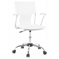 Chaise de bureau blanche confortable en similicuir et pied en métal chromé