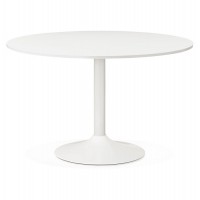 White wooden table in round shape with large plate and solid and design base