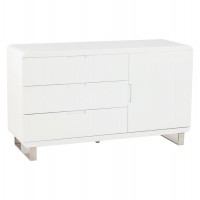 White lacquered MDF cabinet with stainless steel legs