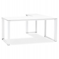 White corner desk with wooden top and white metal structure