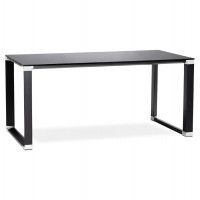 Straight black desk with tempered glass top and black metal structure