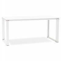 Straight white desk with wooden top and white metal structure