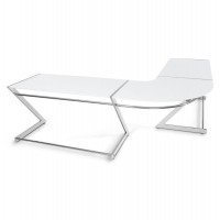White corner desk with lacquered wooden top and chromed metal structure