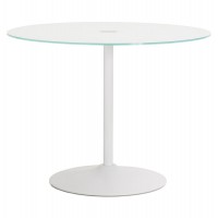Round white table with glass top and solid tulip-shaped leg