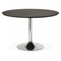 Design round table with black wooden top and chromed metal foot