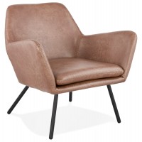 Very comfortable design brown armchair upholstered in imitation leather with brushed steel legs