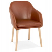 Chaise en similicuir marron avec assise et dossier rembourrés et pied en bois solides