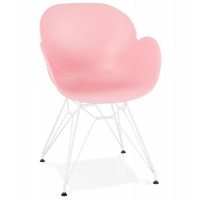 Design pink chair with a sturdy and comfortable shell and a sturdy white metal base