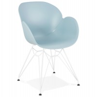 Chaise bleue design avec coque solide et confortable et piétement résistant en métal blanc