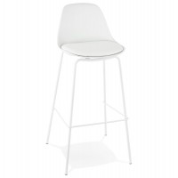 Designer white bar stool with imitation leather seat and lacquered metal legs