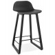 Black bar stool with solid seat and wooden leg with practical footrest