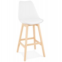 High white bar stool in Scandinavian style with padded white imitation leather seat and solid wooden foot