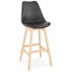 High black bar stool in Scandinavian style with padded black imitation leather seat and solid wooden foot