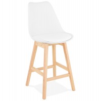 Mid-height white bar stool in Scandinavian style with padded white imitation leather seat and solid wooden foot