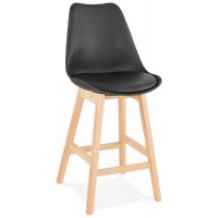 Tabouret de bar noir mi-hauteur au style scandinave avec assise rembourrée en similicuir noir et pieds en bois solides