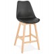 Mid-height black bar stool in Scandinavian style with padded black imitation leather seat and solid wooden foot