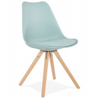 Chaise simple et robuste avec assise en similicuir bleu et pieds en bois de hêtre