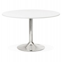 White dining room or office table in round shape (120x120 cm plate), with solid chromed metal leg