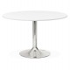 White dining room or office table in round shape (120x120 cm plate), with solid chromed metal leg