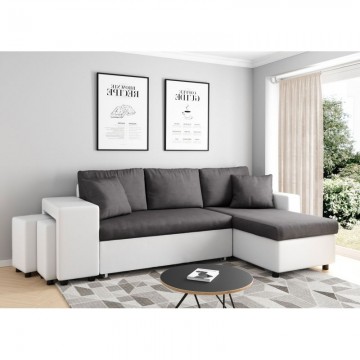 White and dark gray convertible corner sofa OSLO with left fixed niche