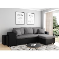 Corner sofa 3 seater convertible dark gray and black base OSLO with left fixed niche