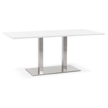 WHITE rectangular table in MDF with beveled edge and double central foot in brushed steel RECTA