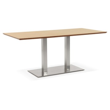 Table rectangulaire AU NATUREL grand format en MDF avec bord biseau et double pied central en acier brossé RECTA