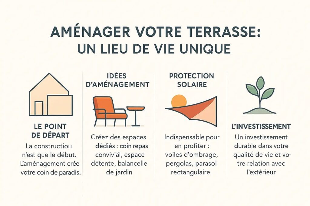 Terrasse sur pilotis aménagée avec un parasol et une table extérieure en bois Terrasse sur pilotis aménagée avec un parasol et une table extérieure en bois
