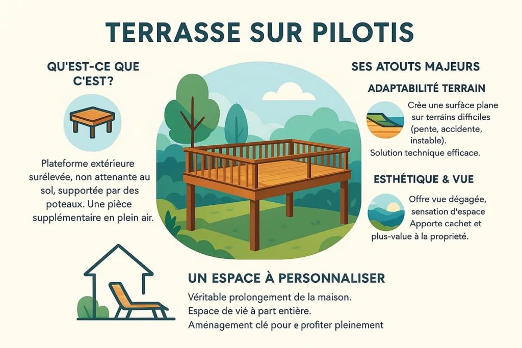 Terrasse sur pilotis sur un terrain en pente avec vue dégagée Terrasse sur pilotis sur un terrain en pente avec vue dégagée