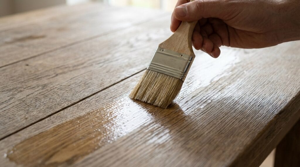 Appliquer de l'huile de lin et de la térébenthine au pinceau sur le bois appliquer mélange d'huile de lin et de la térébenthine sur le bois