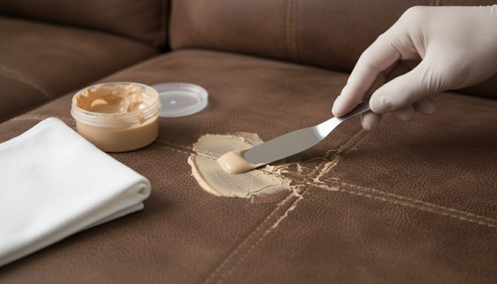 Application de pâte réparatrice sur simili cuir craquelé avec spatule Application de pâte réparatrice sur simili cuir craquelé avec spatule