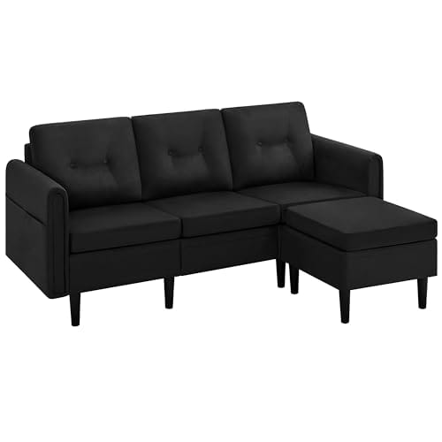 Canapé d'Angle 3 Places avec Pouf Noir Canapé d'Angle 3 Places avec Pouf Noir