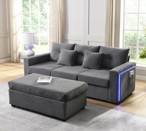 Canapé d'Angle Moderne avec LED et Pouf